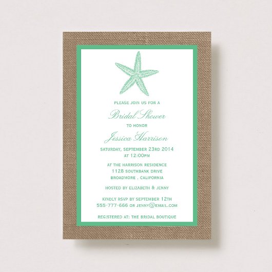 Invitation Mint Green Starfish Beach Burlap Fête des mariées