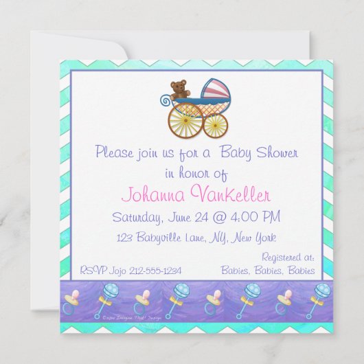 Invitation Mint Ice Blue Chevron Patteryn Baby (Dos)