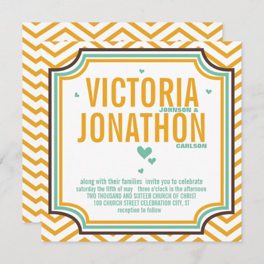 Invitation Mint Jaune moderne Zig Zag Typographie Mariage (Devant / Derrière)
