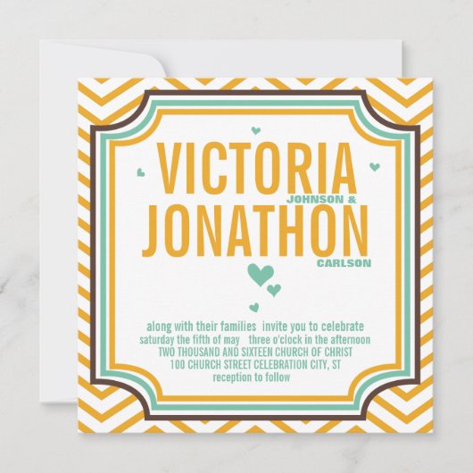 Invitation Mint Jaune moderne Zig Zag Typographie Mariage (Devant)