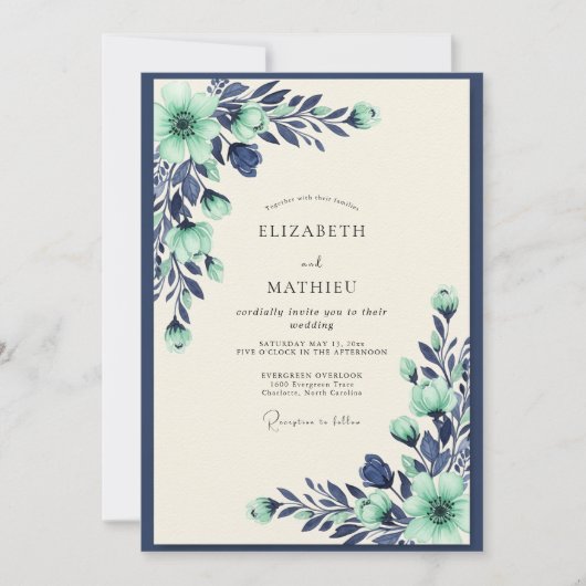 Invitation Mint Navy Tranquil Botanical Wedding (Devant)