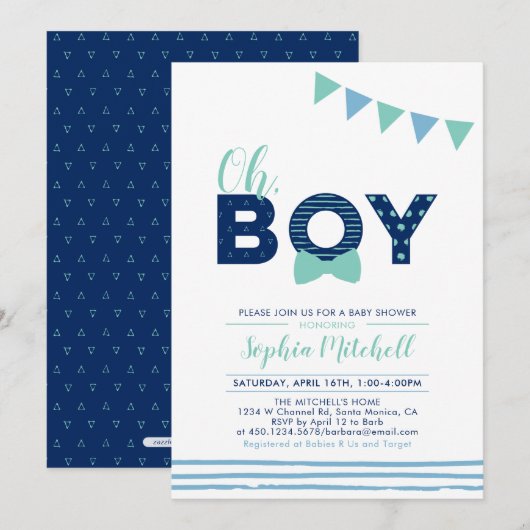 Invitation Mint & Navy | Typographie Moderne pour Fête Prénat (Devant / Derrière)