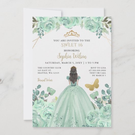 Invitation Mint or Floral Princess Butterfly Sweet 16 (Devant)