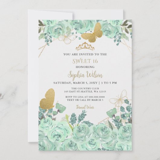 Invitation Mint Or Floral Tiara Butterfly Sweet 16 (Devant)