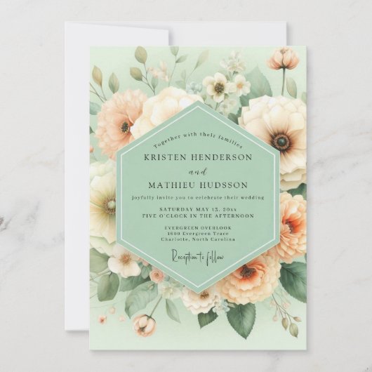 Invitation Mint Peach Blossom Elegance Wedding (Devant)