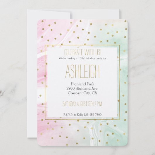 Invitation Mint Pink Gold Ombre Confetti Anniversaire (Devant)