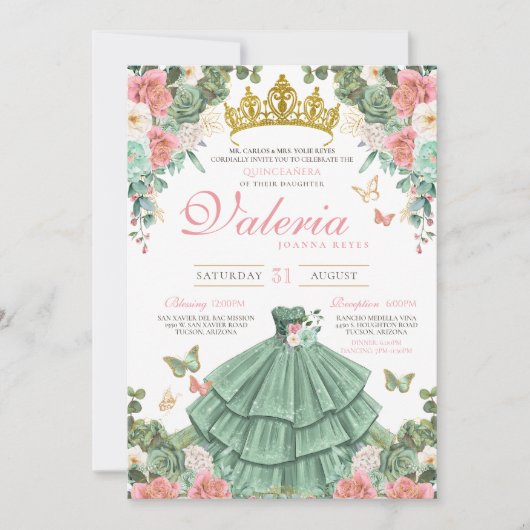 Invitation Mint Rose rose rose papillon Princesse Quince (Devant)