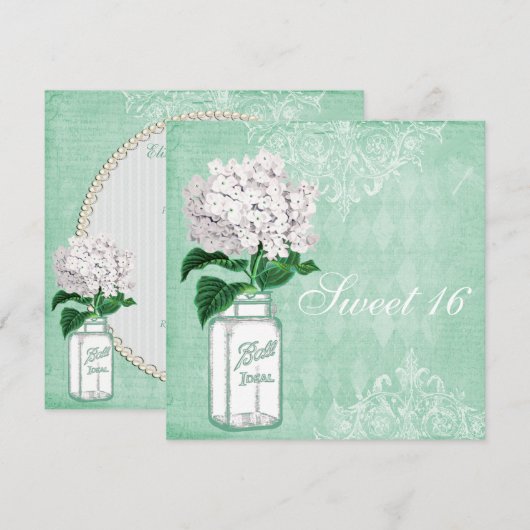 Invitation Mint Shabby Chic Mason Jar & Hydrangea Sweet 16 (Devant / Derrière)