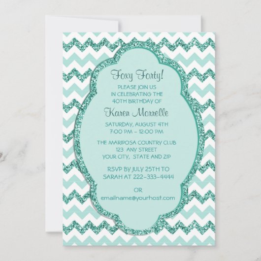 Invitation Mint Sparkle Chevron Fête du 40e anniversaire des  (Devant)