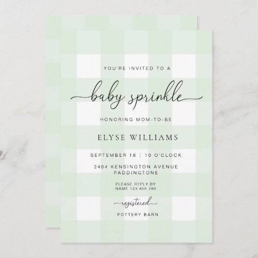 Invitation Mint Vert En vichy Bébé Parsemer (Devant / Derrière)