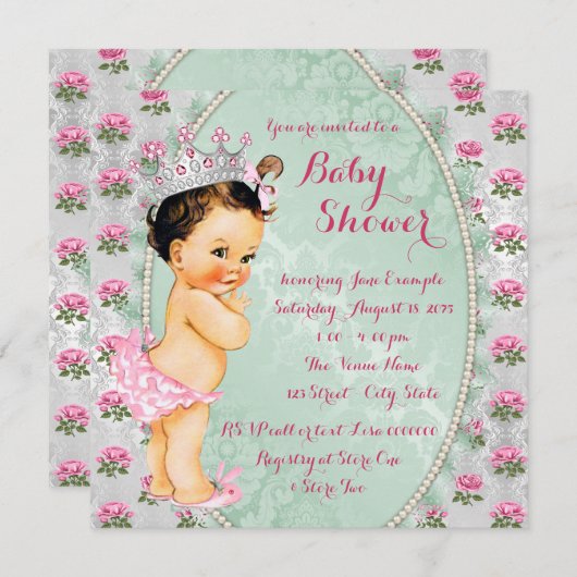 Invitation Mint Vert et rose rose rose bébé fille Douche (Devant / Derrière)