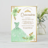 Invitation Mint Vert Floral Robe Étincelle Or Quinceanera (Debout devant)