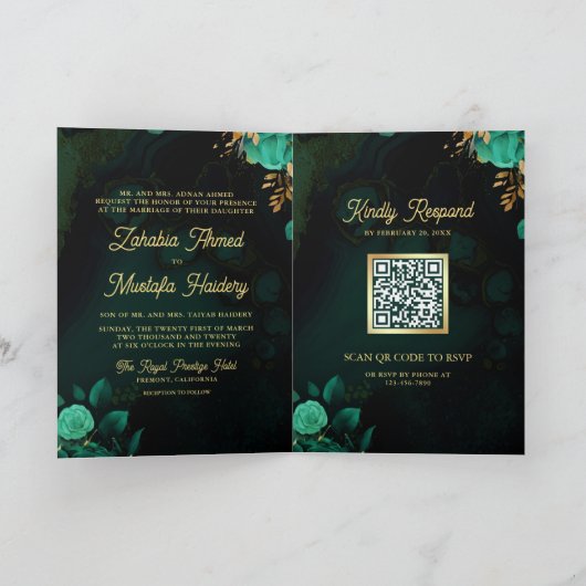 Invitation Mint Vert or Floral QR Code Musulman Mariage (Intérieur)