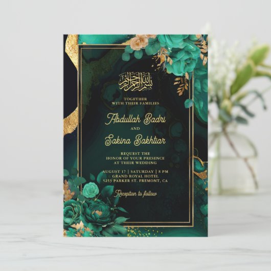 Invitation Mint Vert or Floral QR Code Musulman Mariage (Debout devant)