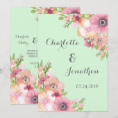 Invitation Mint Vert Rustique Rose Fleurs de mariage Invitati (Devant / Derrière)