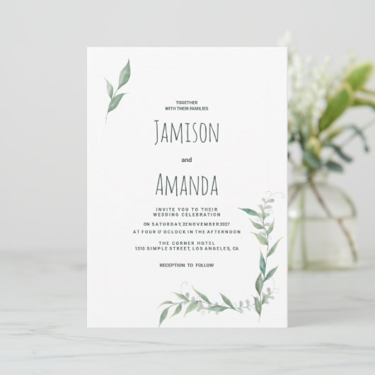 Invitation Mint watercolor greenery wreath Wedding (Debout devant)
