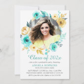 Invitation Minty Cyan Gold Floral Photo Graduation Party (Devant)