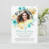 Invitation Minty Cyan Gold Floral Photo Graduation Party (Debout devant)