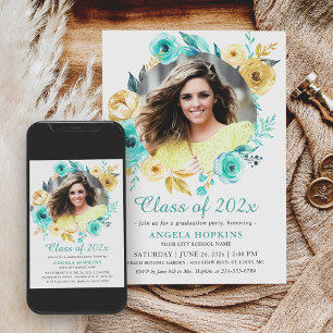 Invitation Minty Cyan Gold Floral Photo Graduation Party