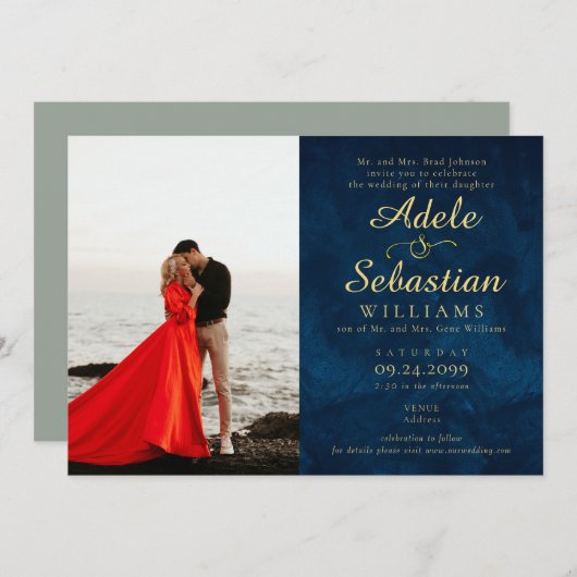 Invitation Minuit Bleu Photo Moderne Monogramme Mariage offic (Devant / Derrière)