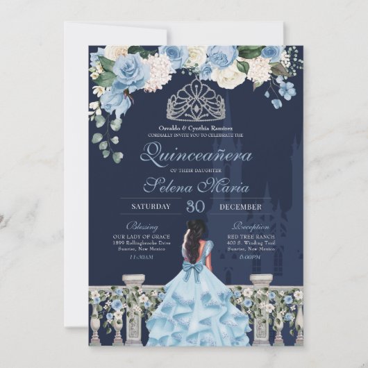 Invitation Minuit Blue Cinderella Princess Quinceañera (Devant)