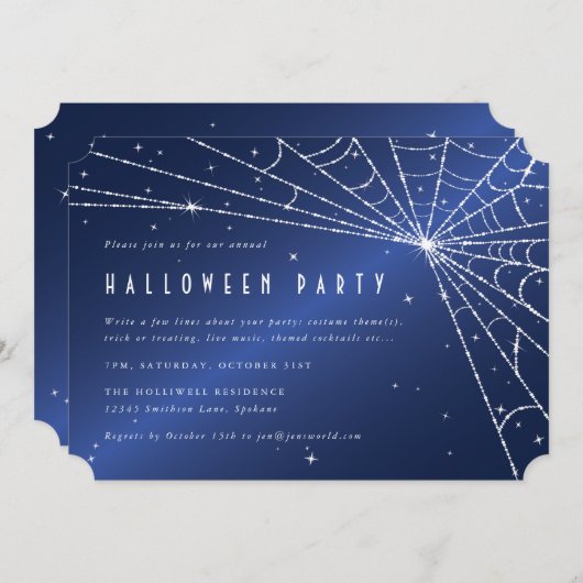Invitation Minuit Blue Diamond Spider Web Halloween Party (Devant / Derrière)