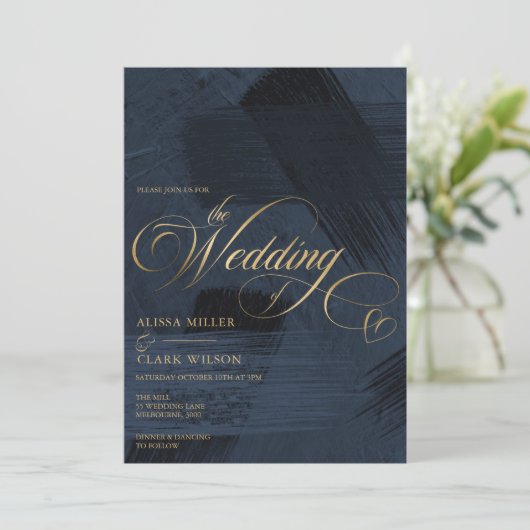 Invitation Minuit foncée Bleu & Or moderne Mariage peint (Debout devant)