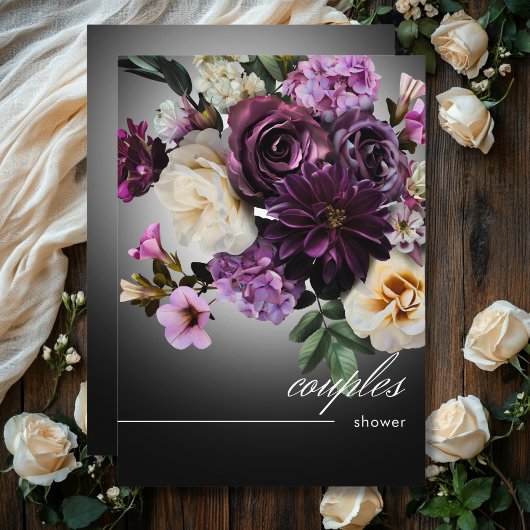 Invitation Minuit foncée violet romance florale Couples Douch