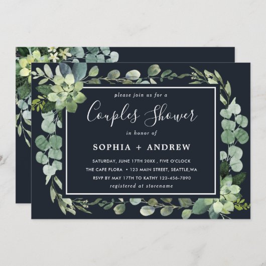 Invitation Minuit Marine Blue Succulent Couples Douche (Devant / Derrière)