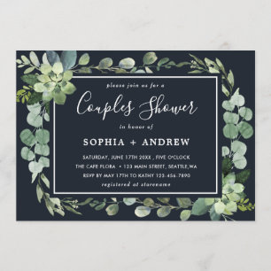 Invitation Minuit Marine Blue Succulent Couples Douche