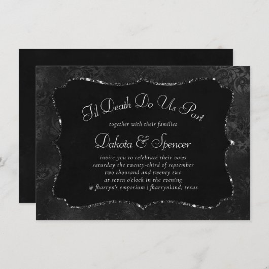 Invitation Minuit Onyx Romance | Black Satiny Grunge Damask (Devant / Derrière)