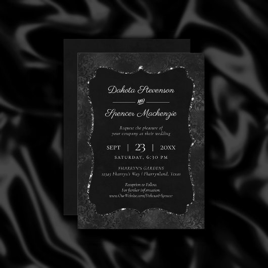 Invitation Minuit Onyx Romance | Black Satiny Grunge Damask