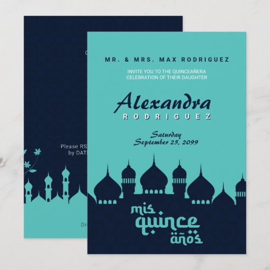 Invitation Minuit Turquoise Bleue Arabe Nights Quinceañera (Devant / Derrière)