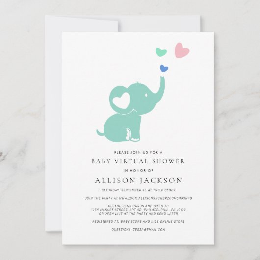 Invitation Minuscule Bébé Virtual Douche Mint Vert Eléphant (Devant)