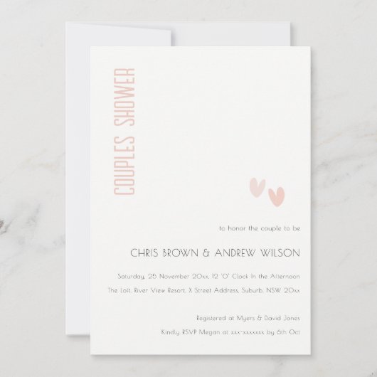 Invitation Minuscule Élégant Coeurs Roses Douches Couples (Devant)