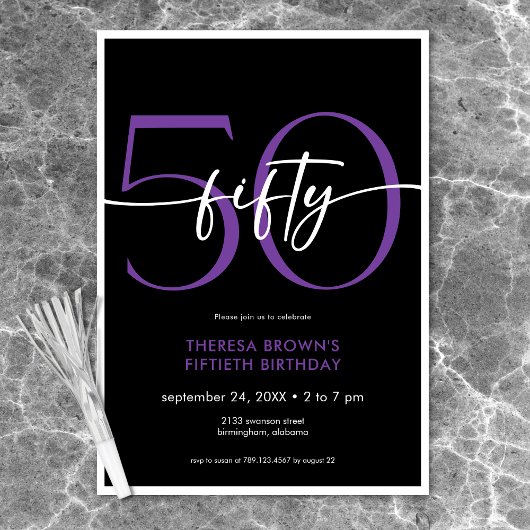 Invitation Minuscule violet moderne Cinquante Script Annivers