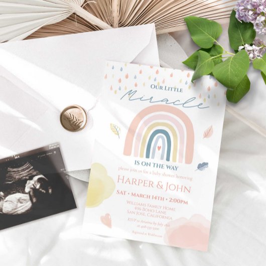 Invitation Miracle Baby Pastel Arc-en-ciel Nuages Raindrops