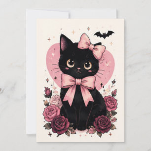 Invitation Miroir Vintage Rose Chat Noir Halloween