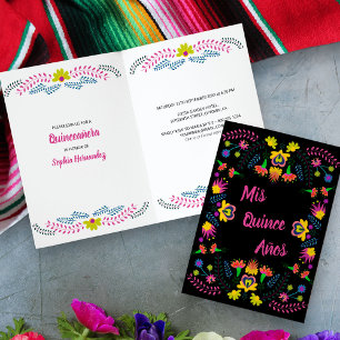 Invitation Mis Quince Anos Black Floral Fête Mexicaine Fiesta