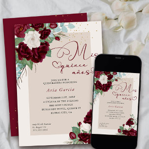 Invitation Mis Quince Anos Burgundy Ivory Floral Quinceanera