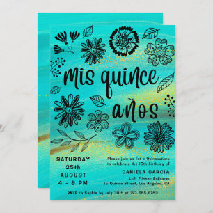 Invitation Mis Quince Años Chic Turquoise Floral Quinceañera