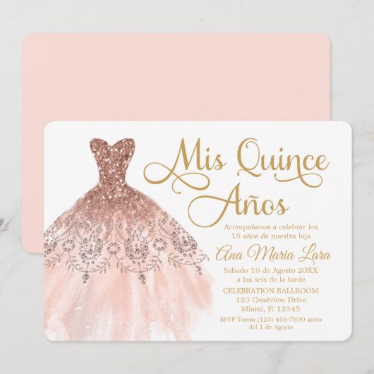 Invitation Mis Quince Años Invitación de Quinceañera Rosada (Devant / Derrière)