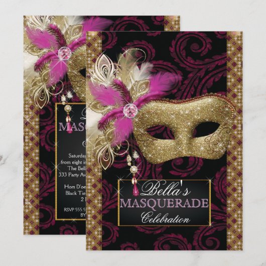 Invitation Mis Quince Anos Masquerade Party (Devant / Derrière)