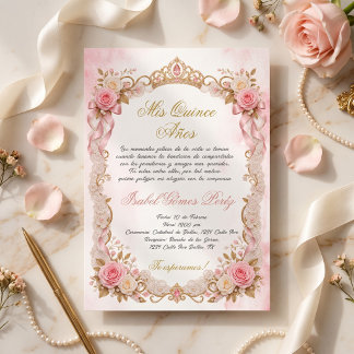 Invitation Mis Quince Años, Tiara dorée fleurs roses