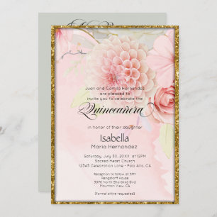 Invitation Mis Quince Belles Fleurs Roses Pastel