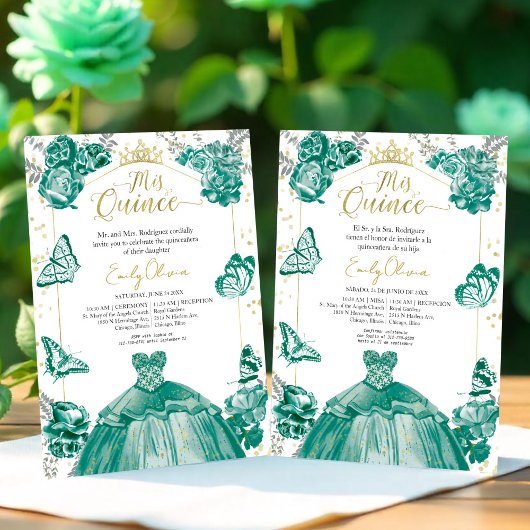 Invitation Mis Quince Bilingue Emerald Green