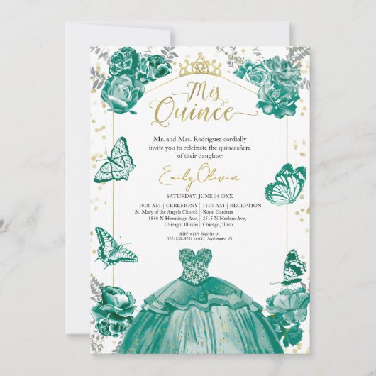Invitation Mis Quince Bilingue Emerald Green (Devant)