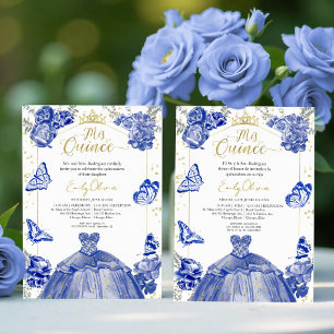 Invitation Mis Quince Bilingue Robe Bleue Royale