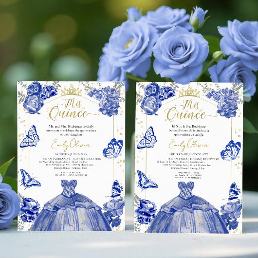 Invitation Mis Quince Bilingue Robe Bleue Royale