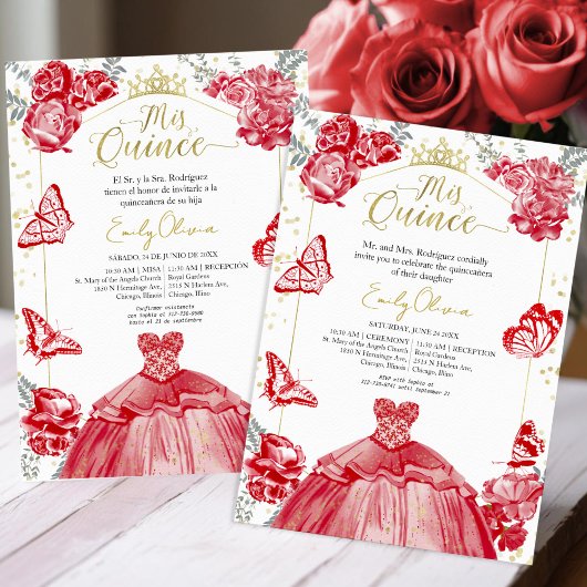 Invitation Mis Quince Bilingue Robe Rouge Floral